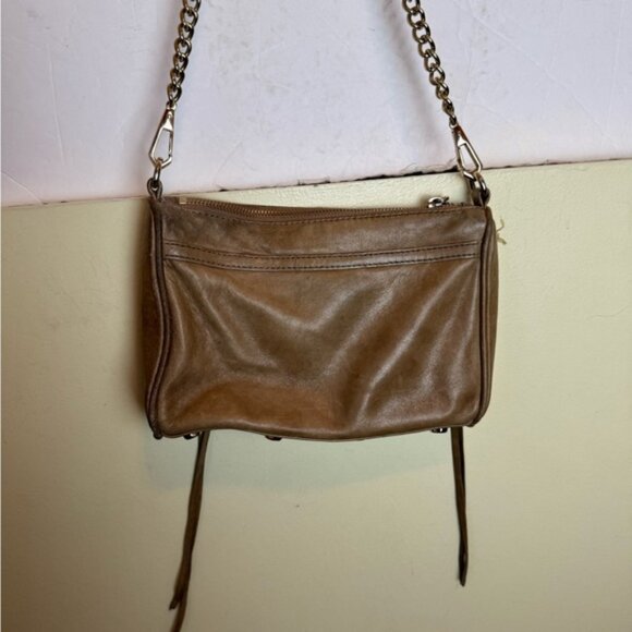 Rebecca Minkoff Mini MAC Leather Crossbody Bag Shoulder Chain Strap Tan Zip Tote - Picture 4 of 16
